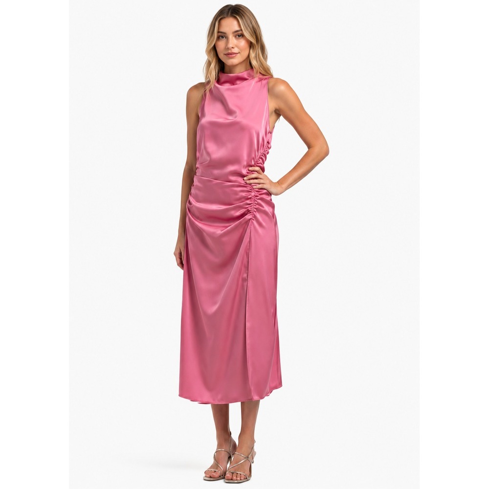 PARKER Women's New Midi Dress 10‎ The Ayla Ruched Draped Sleeveless Pink Satin